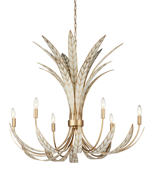 Currey & Company Foliatura Lotus Leaf Art Deco Chandelier with Antique Brass and Off-White Finish 9000-1357