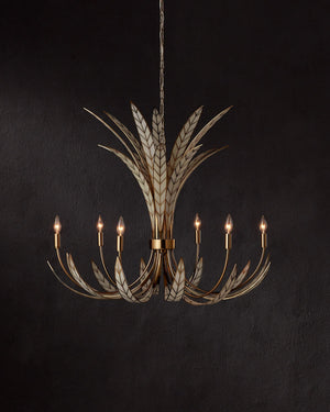 Currey & Company Foliatura Lotus Leaf Art Deco Chandelier with Antique Brass and Off-White Finish 9000-1357