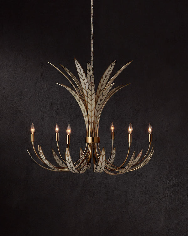 Currey & Company Foliatura Lotus Leaf Art Deco Chandelier with Antique Brass and Off-White Finish 9000-1357