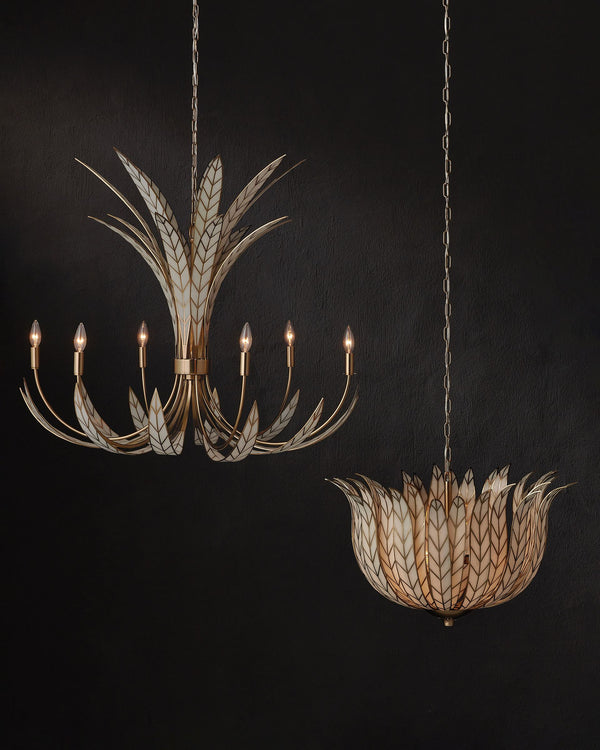 Currey & Company Foliatura Lotus Leaf Art Deco Chandelier with Antique Brass and Off-White Finish 9000-1357