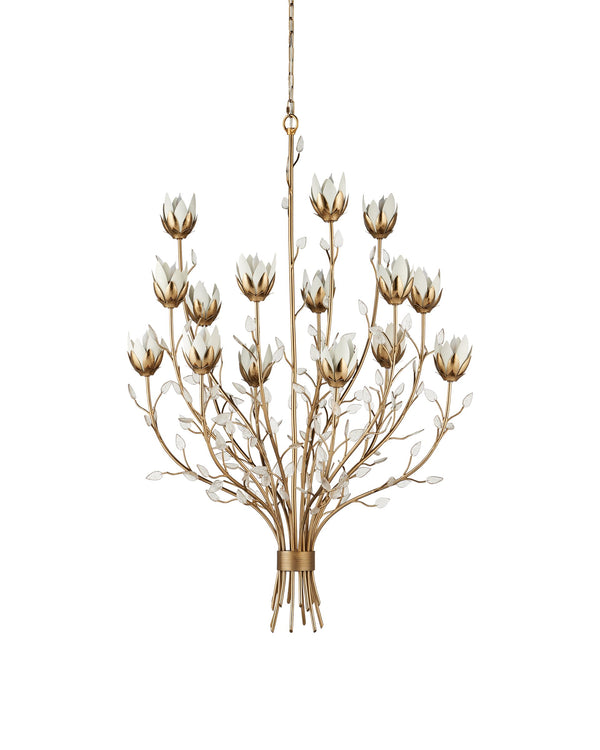 Currey & Company Star Magnolia Chandelier Antique Brass Sculptural Floral Glass Petals Dining Room Large 9000-1358
