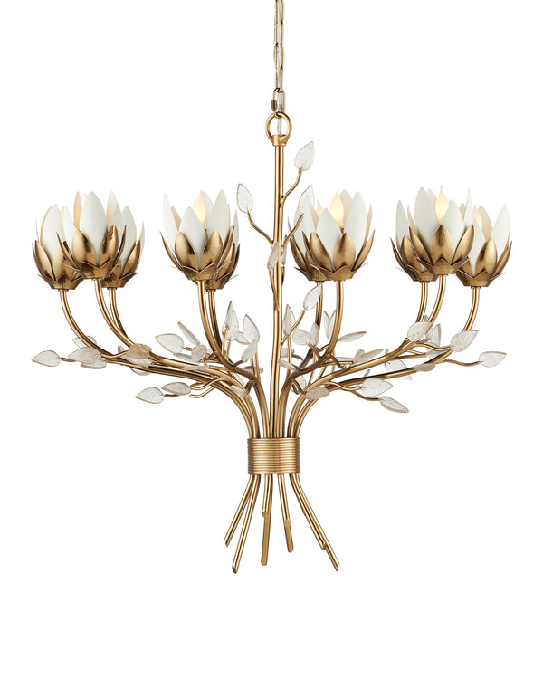 Currey & Company Star Magnolia Chandelier Antique Brass Sculptural Floral Glass Petals Dining Room Medium 9000-1359