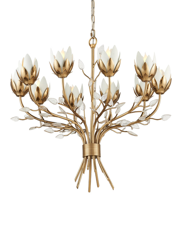 Currey & Company Star Magnolia Chandelier Antique Brass Sculptural Floral Glass Petals Dining Room Medium 9000-1359