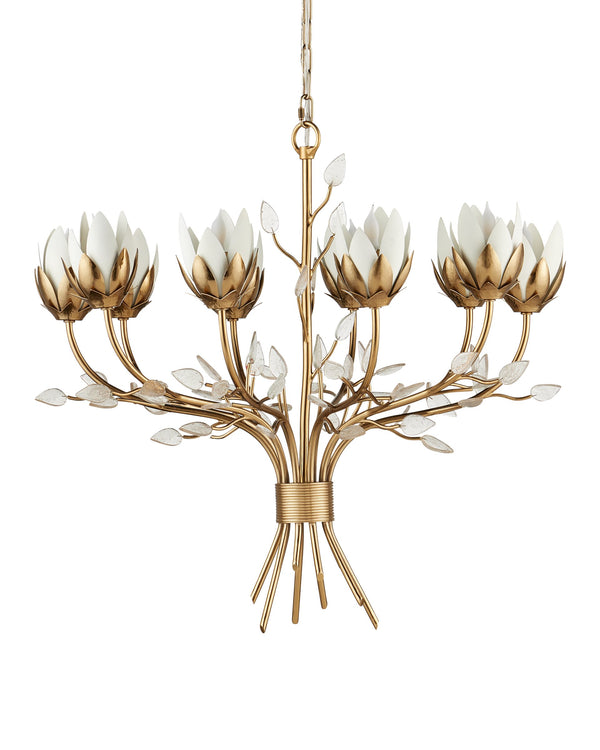 Currey & Company Star Magnolia Chandelier Antique Brass Sculptural Floral Glass Petals Dining Room Medium 9000-1359
