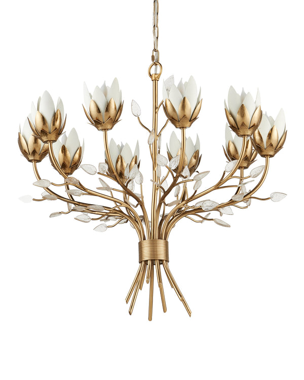 Currey & Company Star Magnolia Chandelier Antique Brass Sculptural Floral Glass Petals Dining Room Medium 9000-1359