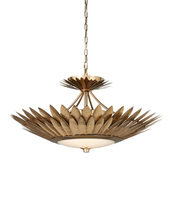 Currey & Company Plumage Antique Brass Leaf Semi Flush Mount Sculptural Ceiling Light for Glam Interiors 9000-1360