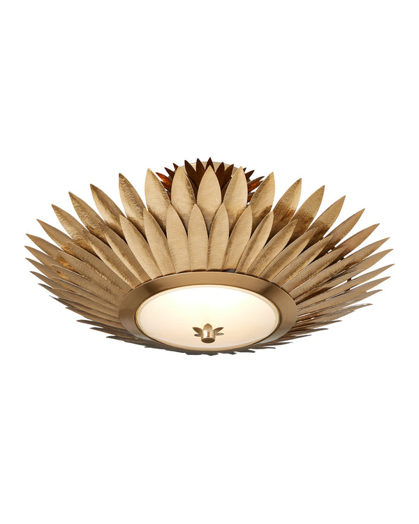 Currey & Company Plumage Antique Brass Leaf Semi Flush Mount Sculptural Ceiling Light for Glam Interiors 9000-1360