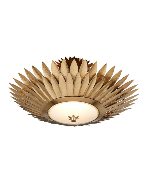 Currey & Company Plumage Antique Brass Leaf Semi Flush Mount Sculptural Ceiling Light for Glam Interiors 9000-1360