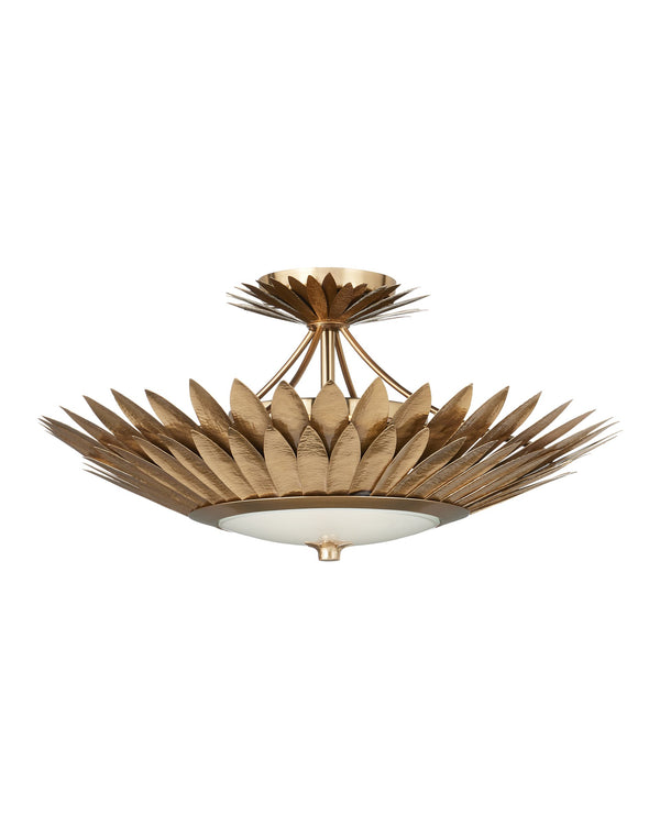 Currey & Company Plumage Antique Brass Leaf Semi Flush Mount Sculptural Ceiling Light for Glam Interiors 9000-1360