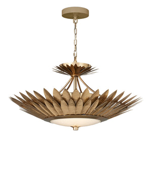 Currey & Company Plumage Antique Brass Leaf Semi Flush Mount Sculptural Ceiling Light for Glam Interiors 9000-1360
