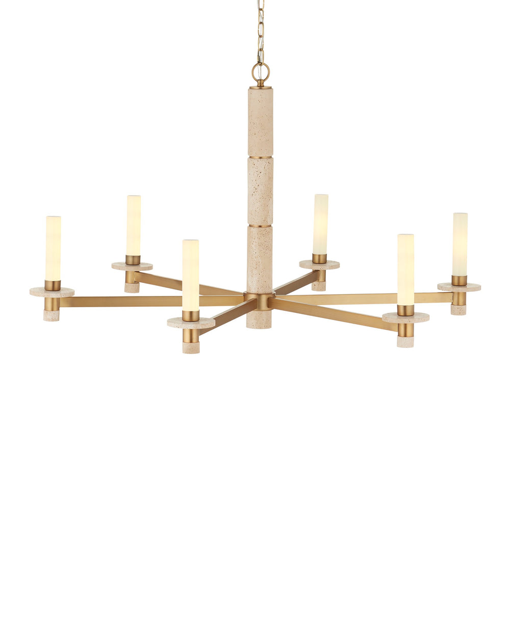 Currey & Company Marcelo Antique Brass Six Light Chandelier with Travertine Stone Accents and Glass Shades 9000-1369