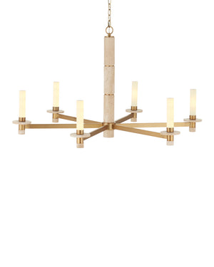 Currey & Company Marcelo Antique Brass Six Light Chandelier with Travertine Stone Accents and Glass Shades 9000-1369