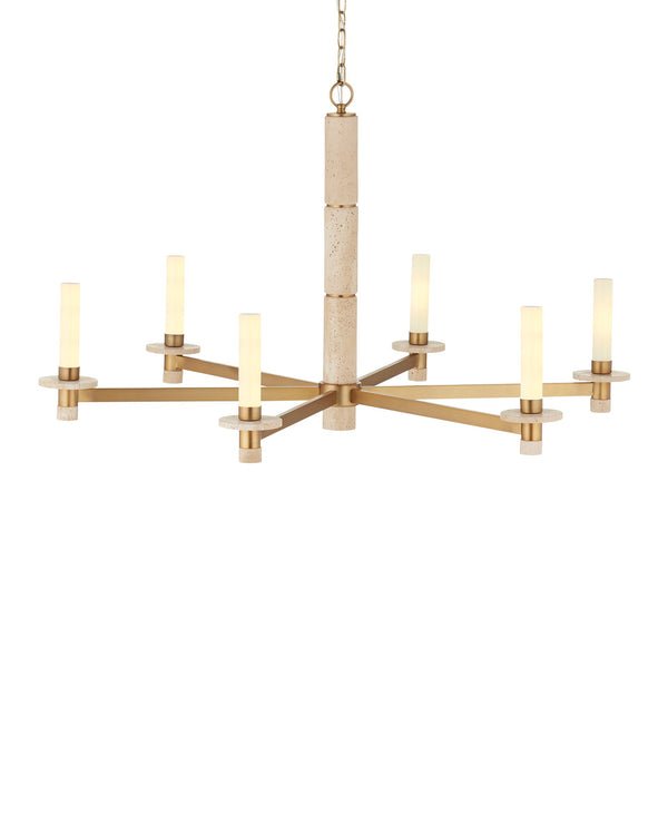 Currey & Company Marcelo Antique Brass Six Light Chandelier with Travertine Stone Accents and Glass Shades 9000-1369