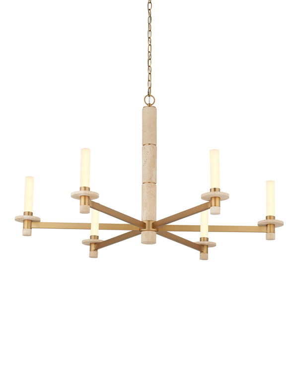 Currey & Company Marcelo Antique Brass Six Light Chandelier with Travertine Stone Accents and Glass Shades 9000-1369
