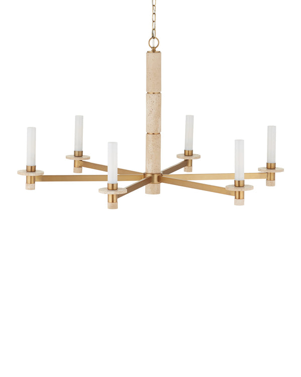 Currey & Company Marcelo Antique Brass Six Light Chandelier with Travertine Stone Accents and Glass Shades 9000-1369