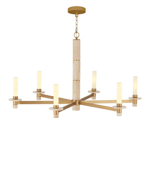 Currey & Company Marcelo Antique Brass Six Light Chandelier with Travertine Stone Accents and Glass Shades 9000-1369