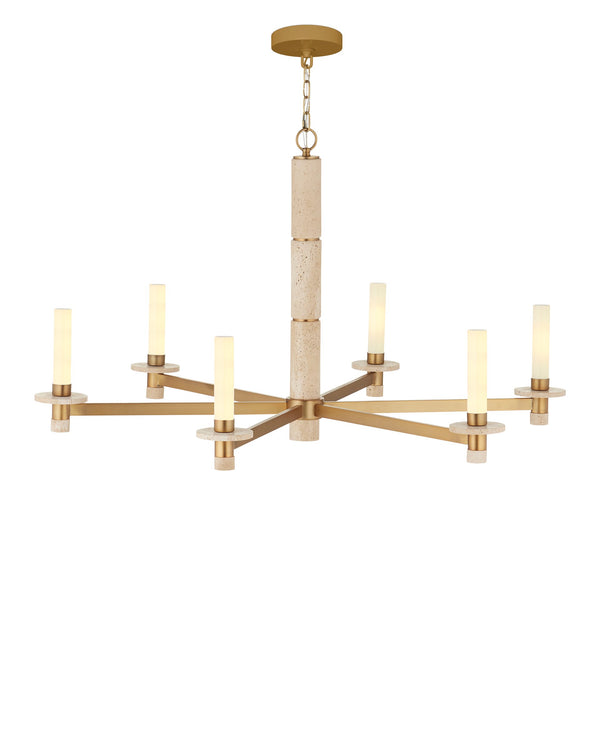 Currey & Company Marcelo Antique Brass Six Light Chandelier with Travertine Stone Accents and Glass Shades 9000-1369