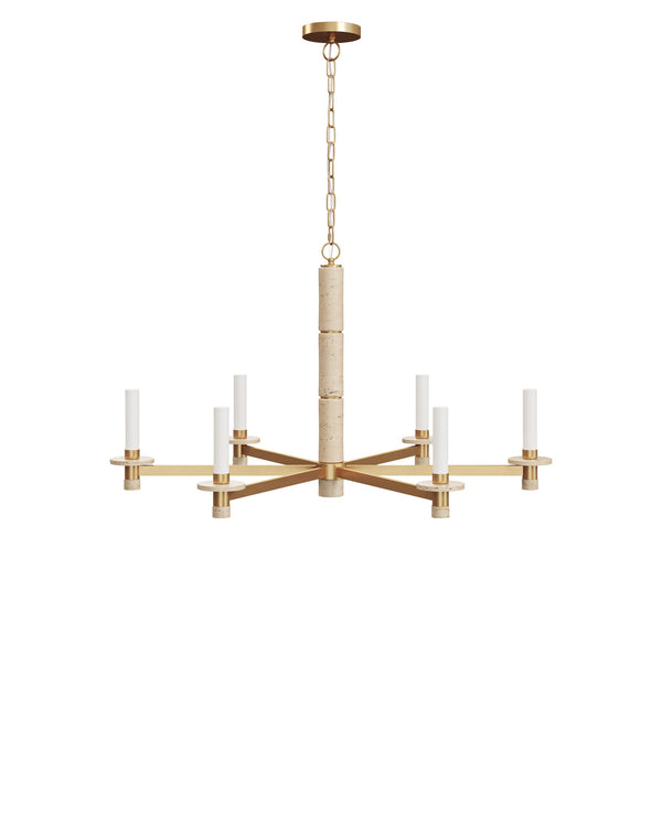 Currey & Company Marcelo Antique Brass Six Light Chandelier with Travertine Stone Accents and Glass Shades 9000-1369