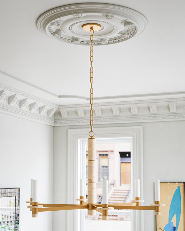 Currey & Company Marcelo Antique Brass Six Light Chandelier with Travertine Stone Accents and Glass Shades 9000-1369