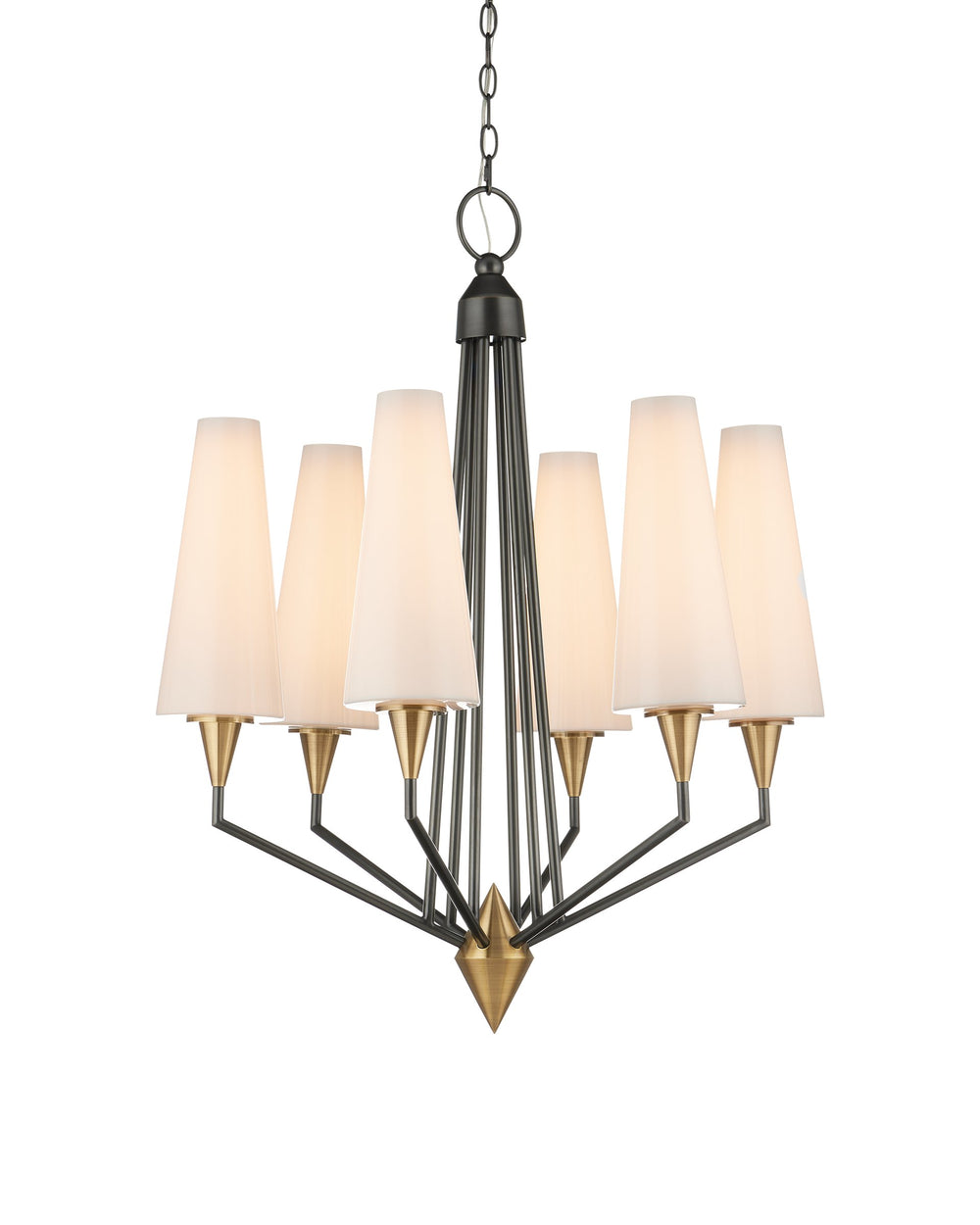 Currey & Company Hennin Six Light Mid Century Chandelier Bronze Frame Brass Bobeches White Glass Shades 9000-1371