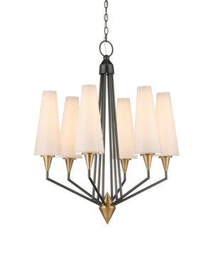 Currey & Company Hennin Six Light Mid Century Chandelier Bronze Frame Brass Bobeches White Glass Shades 9000-1371