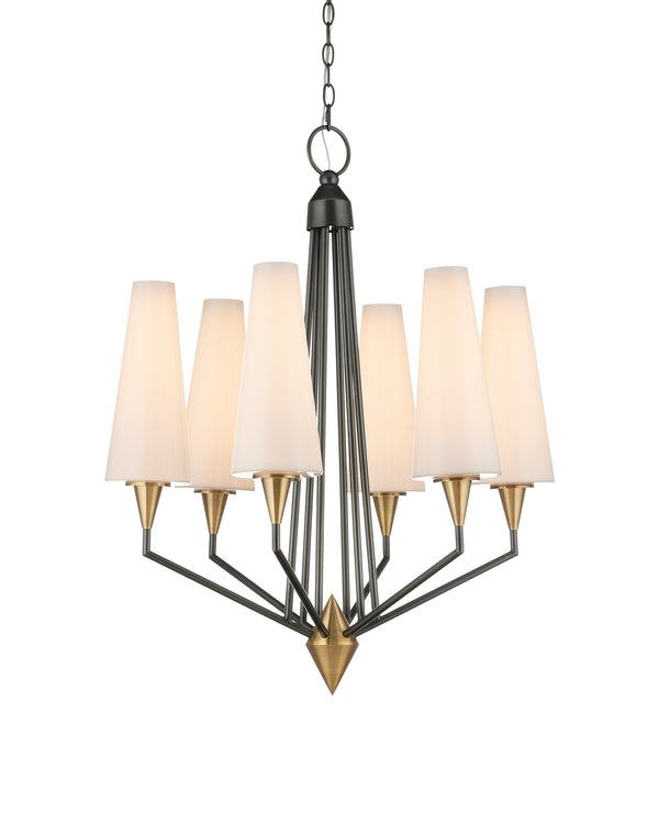 Currey & Company Hennin Six Light Mid Century Chandelier Bronze Frame Brass Bobeches White Glass Shades 9000-1371