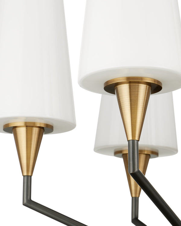 Currey & Company Hennin Six Light Mid Century Chandelier Bronze Frame Brass Bobeches White Glass Shades 9000-1371