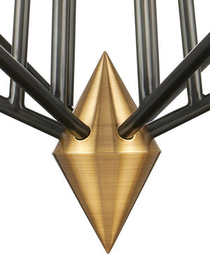 Currey & Company Hennin Six Light Mid Century Chandelier Bronze Frame Brass Bobeches White Glass Shades 9000-1371