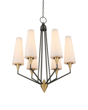 Currey & Company Hennin Six Light Mid Century Chandelier Bronze Frame Brass Bobeches White Glass Shades 9000-1371