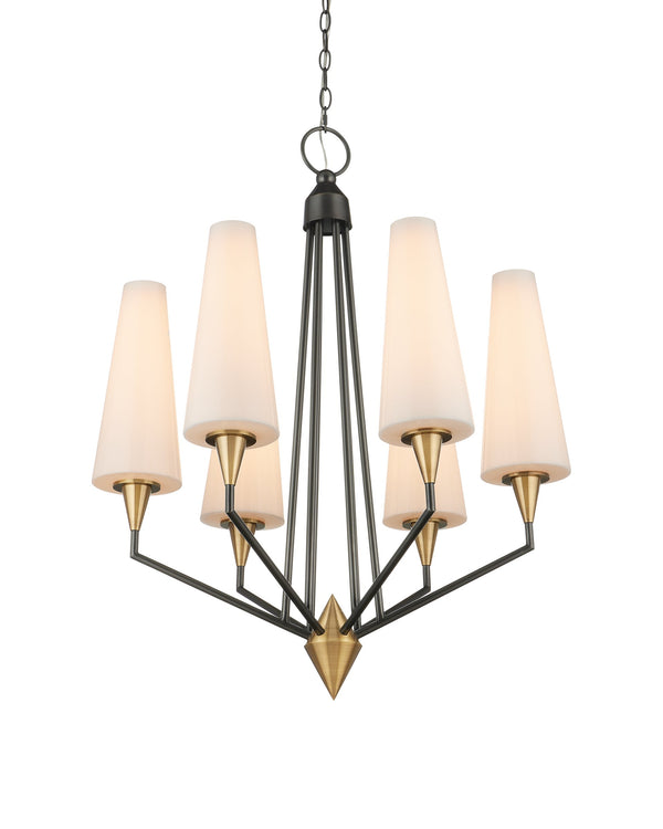 Currey & Company Hennin Six Light Mid Century Chandelier Bronze Frame Brass Bobeches White Glass Shades 9000-1371