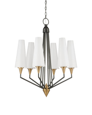 Currey & Company Hennin Six Light Mid Century Chandelier Bronze Frame Brass Bobeches White Glass Shades 9000-1371