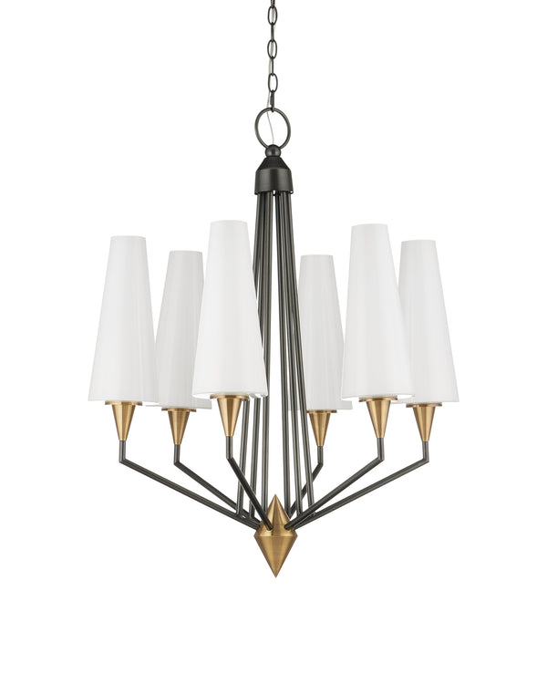 Currey & Company Hennin Six Light Mid Century Chandelier Bronze Frame Brass Bobeches White Glass Shades 9000-1371