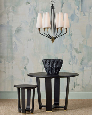 Currey & Company Hennin Six Light Mid Century Chandelier Bronze Frame Brass Bobeches White Glass Shades 9000-1371