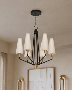 Currey & Company Hennin Six Light Mid Century Chandelier Bronze Frame Brass Bobeches White Glass Shades 9000-1371
