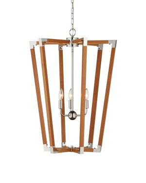 Currey & Company Boyd Natural Teak Wood Lantern Chandelier with Polished Nickel Accents for Dining Rooms 9000-1376