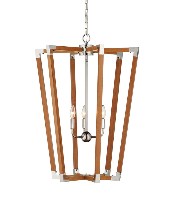 Currey & Company Boyd Natural Teak Wood Lantern Chandelier with Polished Nickel Accents for Dining Rooms 9000-1376