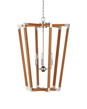 Currey & Company Boyd Natural Teak Wood Lantern Chandelier with Polished Nickel Accents for Dining Rooms 9000-1376