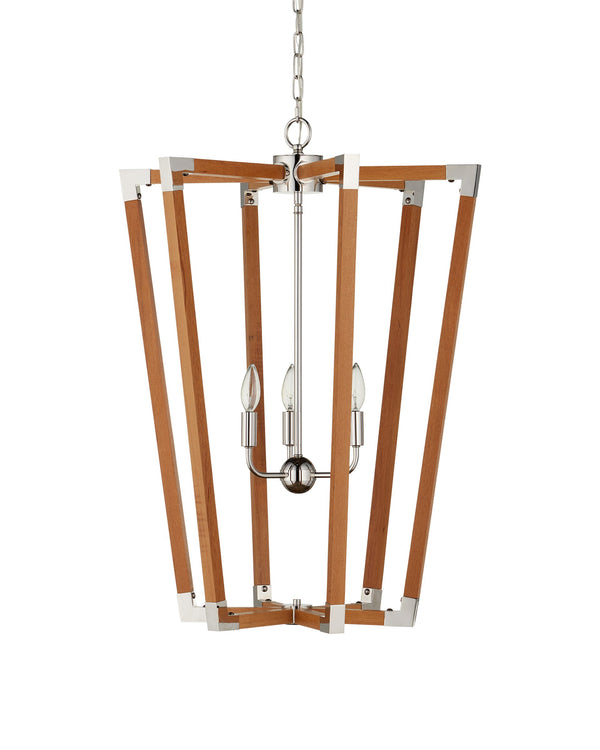 Currey & Company Boyd Natural Teak Wood Lantern Chandelier with Polished Nickel Accents for Dining Rooms 9000-1376