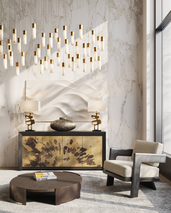 Currey & Company Cannula Genuine Alabaster Pendant Gold Fitting Warm Ambient Glow Dining Room 30-Light Linear 9000-1384