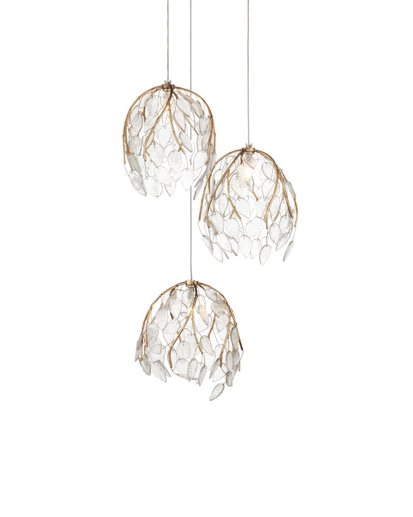 Currey & Company Banyan Antique Brass Branch Pendant Sculptural Glass Leaf Drop Chandelier for Entryways 3-Light Round 9000-1388