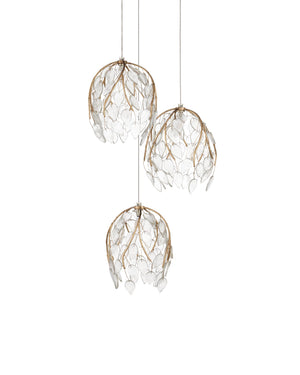 Currey & Company Banyan Antique Brass Branch Pendant Sculptural Glass Leaf Drop Chandelier for Entryways 3-Light Round 9000-1388