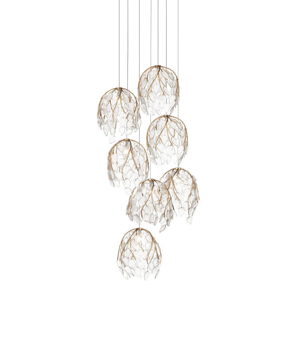 Currey & Company Banyan Antique Brass Branch Pendant Sculptural Glass Leaf Drop Chandelier for Entryways 7-Light Round 9000-1389