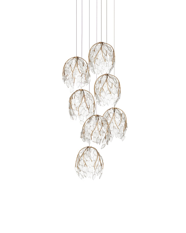 Currey & Company Banyan Antique Brass Branch Pendant Sculptural Glass Leaf Drop Chandelier for Entryways 7-Light Round 9000-1389