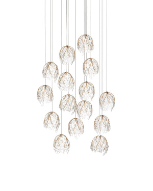 Currey & Company Banyan Antique Brass Branch Pendant Sculptural Glass Leaf Drop Chandelier for Entryways 15-Light Round 9000-1390