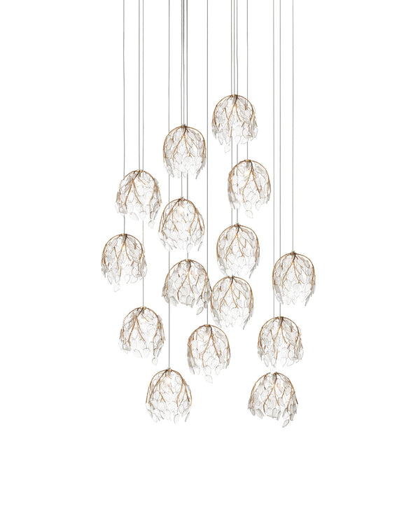 Currey & Company Banyan Antique Brass Branch Pendant Sculptural Glass Leaf Drop Chandelier for Entryways 15-Light Round 9000-1390