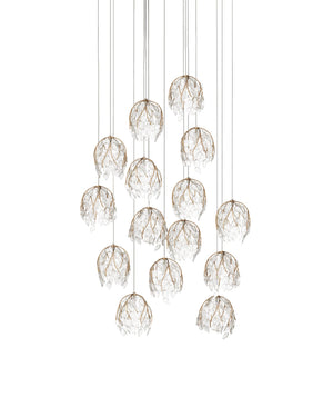 Currey & Company Banyan Antique Brass Branch Pendant Sculptural Glass Leaf Drop Chandelier for Entryways 15-Light Round 9000-1390