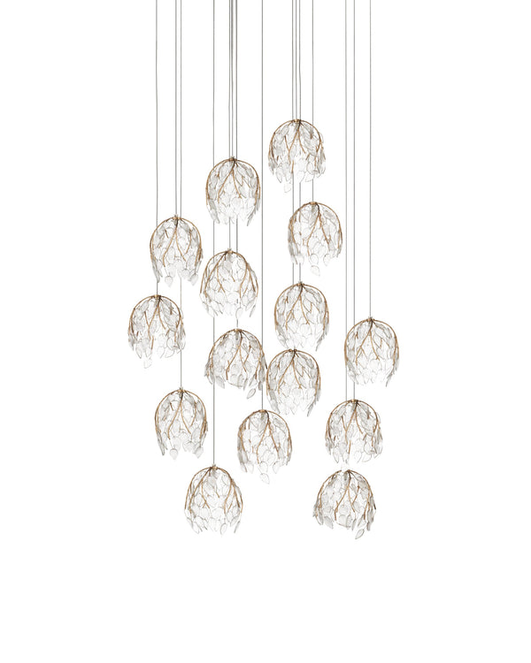 Currey & Company Banyan Antique Brass Branch Pendant Sculptural Glass Leaf Drop Chandelier for Entryways 15-Light Round 9000-1390