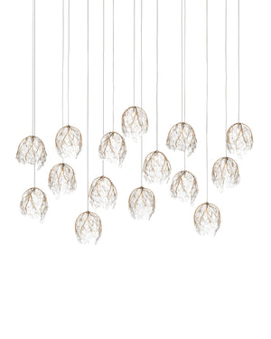 Currey & Company Banyan Antique Brass Branch Pendant Sculptural Glass Leaf Drop Chandelier for Entryways 15-Light Linear 9000-1391