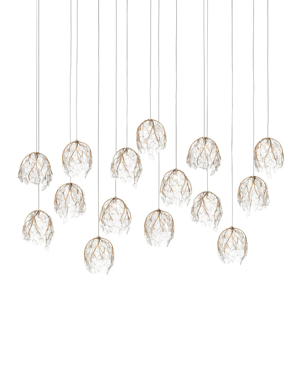 Currey & Company Banyan Antique Brass Branch Pendant Sculptural Glass Leaf Drop Chandelier for Entryways 15-Light Linear 9000-1391