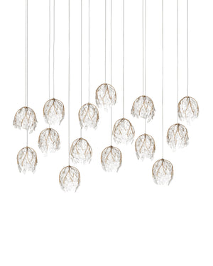 Currey & Company Banyan Antique Brass Branch Pendant Sculptural Glass Leaf Drop Chandelier for Entryways 15-Light Linear 9000-1391